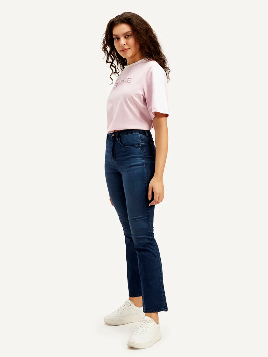 Women's Dark Blue Flared Fit Mid Rise Jeans