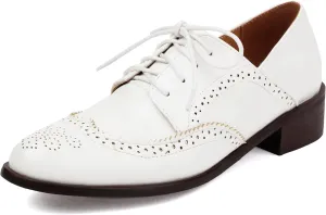Women's Oxford Low Heels Comfortable Brogue Wingtip Business Formal Shoes Dress Vintage Lace Up Flat Round Toe Pumps