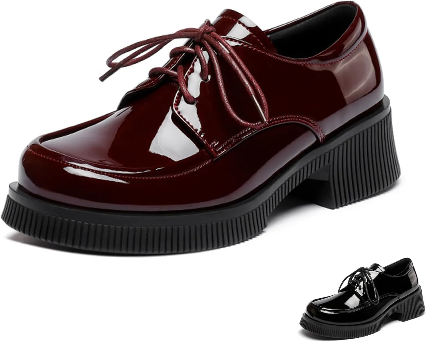 Women's Patent Leather Platform Oxford Shoes Fashion Round-Toe Lace up Chunky Heel Derby Shoes Comfortable Office Casual Business Dress Shoes