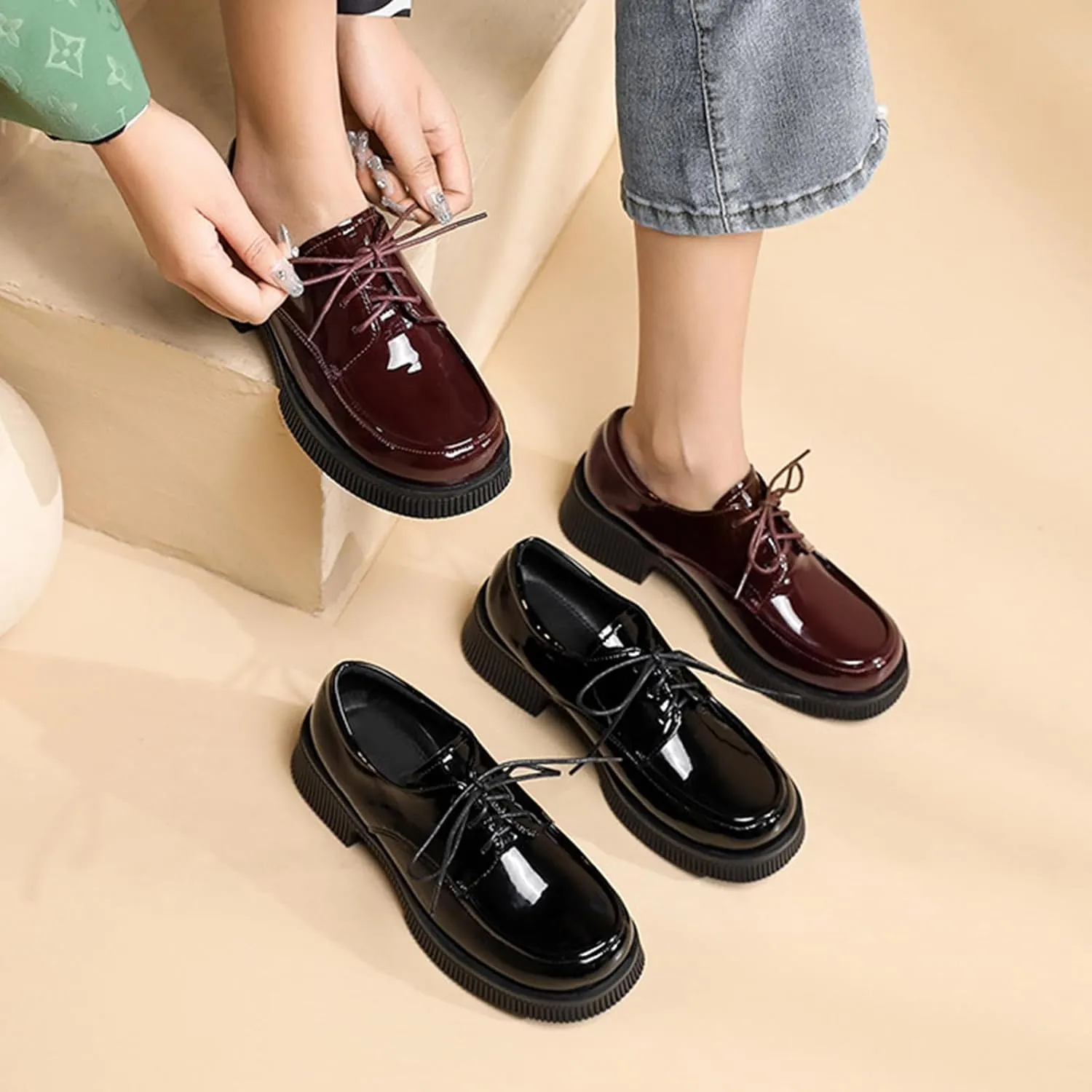 Women's Patent Leather Platform Oxford Shoes Fashion Round-Toe Lace up Chunky Heel Derby Shoes Comfortable Office Casual Business Dress Shoes