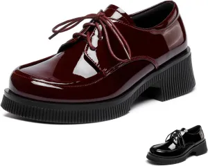 Women's Patent Leather Platform Oxford Shoes Fashion Round-Toe Lace up Chunky Heel Derby Shoes Comfortable Office Casual Business Dress Shoes