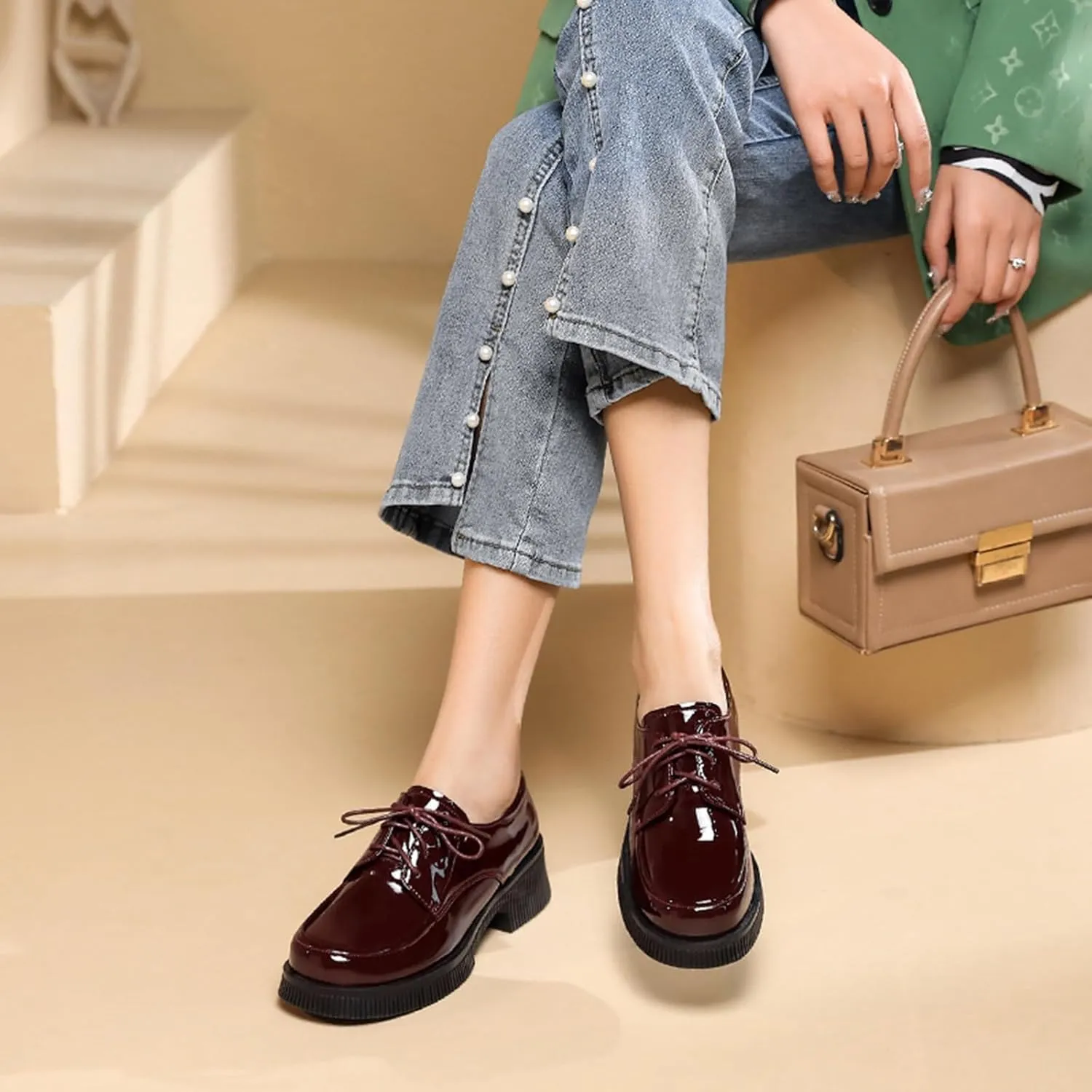 Women's Patent Leather Platform Oxford Shoes Fashion Round-Toe Lace up Chunky Heel Derby Shoes Comfortable Office Casual Business Dress Shoes