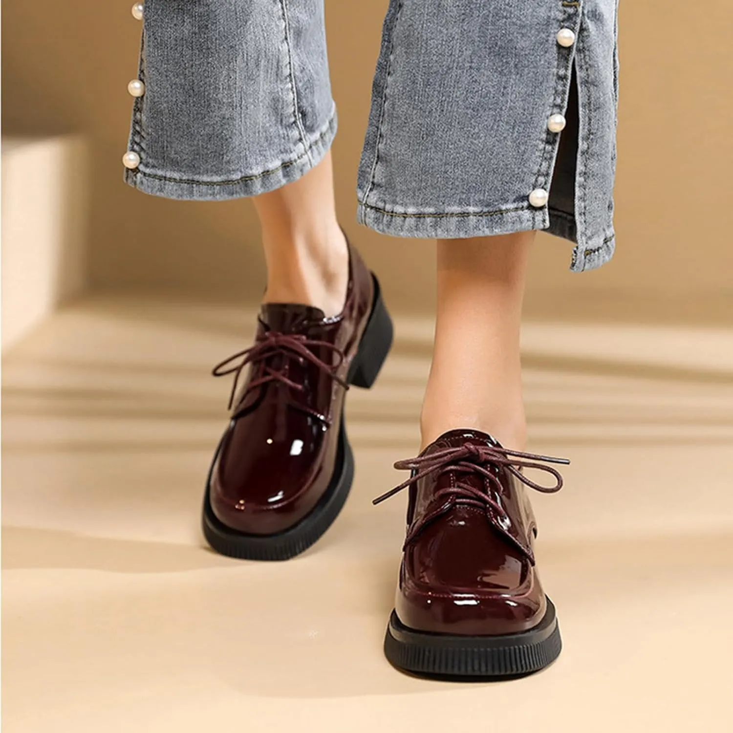Women's Patent Leather Platform Oxford Shoes Fashion Round-Toe Lace up Chunky Heel Derby Shoes Comfortable Office Casual Business Dress Shoes