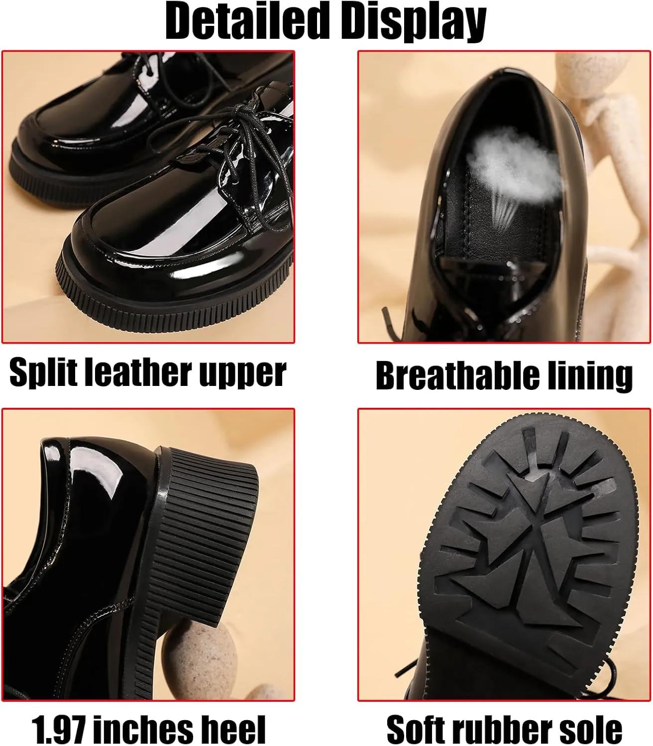 Women's Patent Leather Platform Oxford Shoes Fashion Round-Toe Lace up Chunky Heel Derby Shoes Comfortable Office Casual Business Dress Shoes