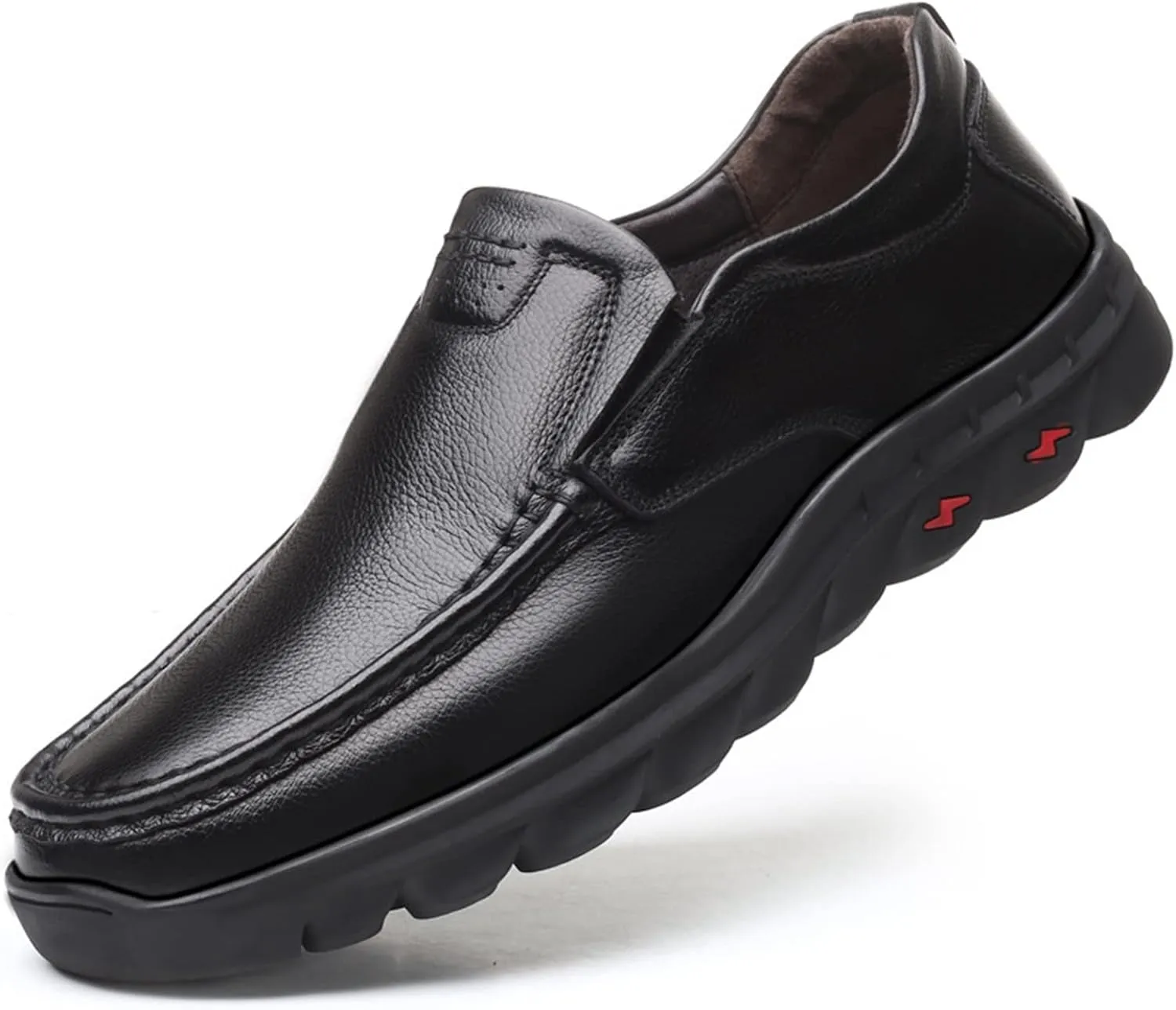 WouND Men's Loafers Stitching Details Breathable Genuine Leather Anti-Slip Flat Heel Lightweight Wedding Slip-ons (Color : Black, Size : 7)